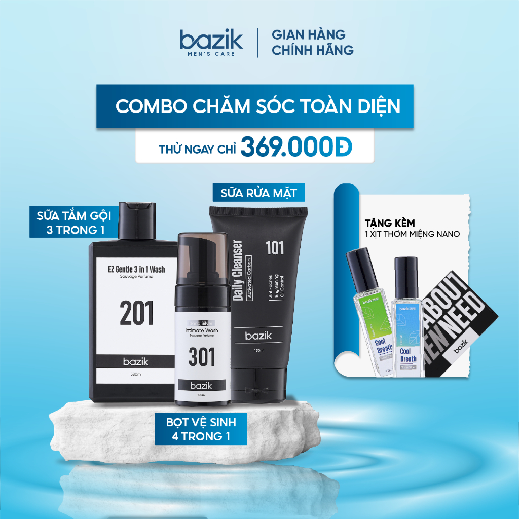 Combo chăm sóc toàn diện Bazik Bọt vệ sinh nam -Sữa tắm gội hương nước hoa 380ml & Gel rửa mặt ngừa mụn 150ml