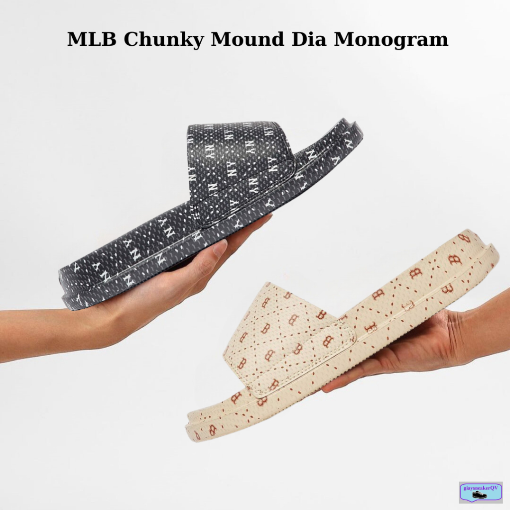 Dép MLB Chunky Mound Dia Monogram 2 màu be và đen chất liệu da cao cấp mềm mại, năng động và thoải mái