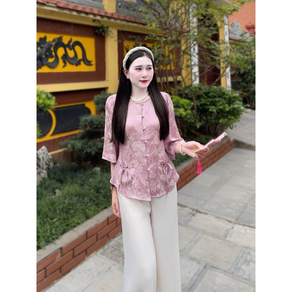 Bộ đi chùa cao cấp vải lụa gấm hàng châu phong cách trang nhã mã pl0029