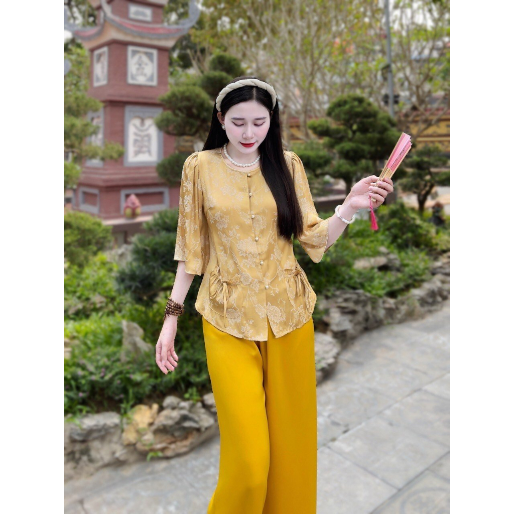 Bộ đi chùa cao cấp vải lụa gấm hàng châu phong cách trang nhã mã pl0029