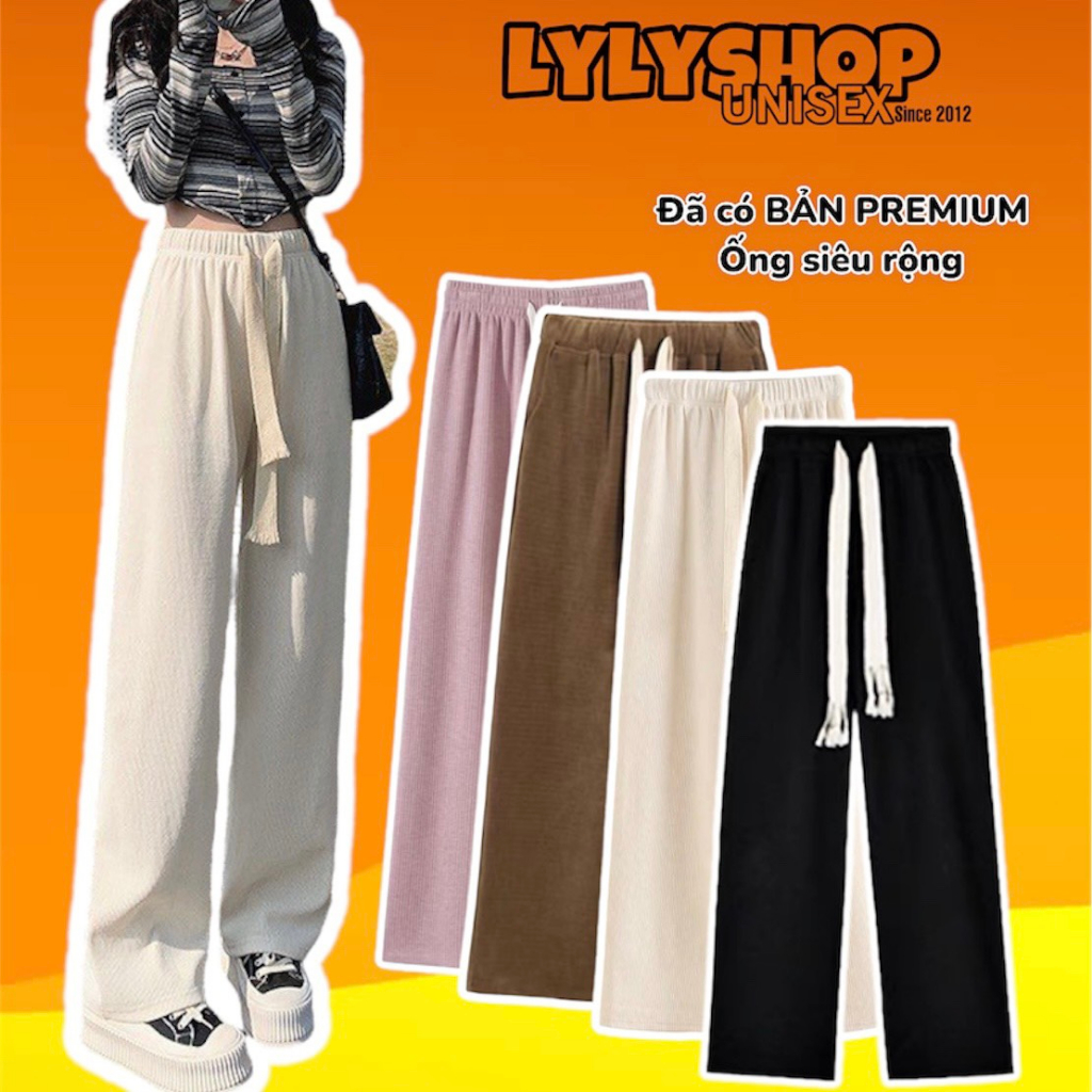 Quần ống rộng nỉ nhung tăm Lylyshop Unisex kiểu quần dài ống suông cạp chun lưng cao có dây rút chỉnh eo