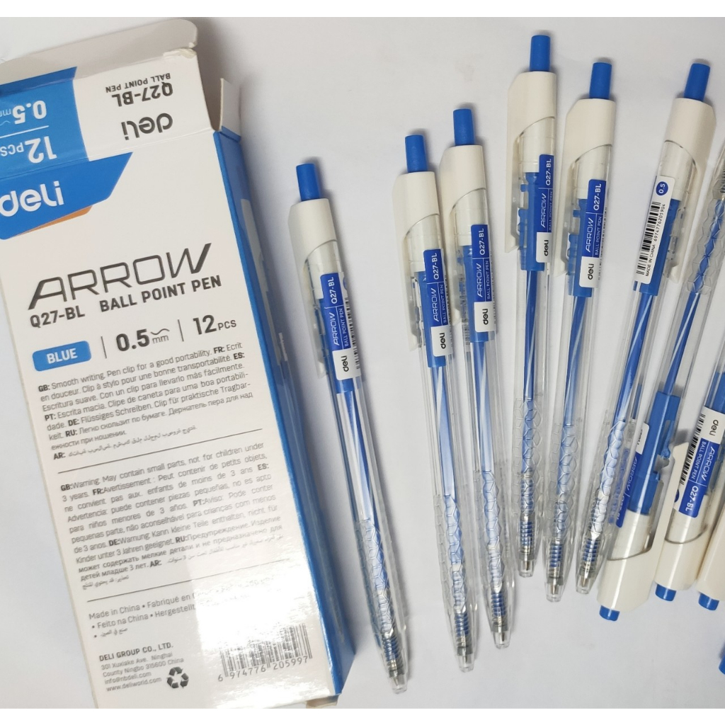 Hộp 12 Cây Bút Bi Dầu Đầu Bấm Arrow 0.5mm Deli Q27 / Q28