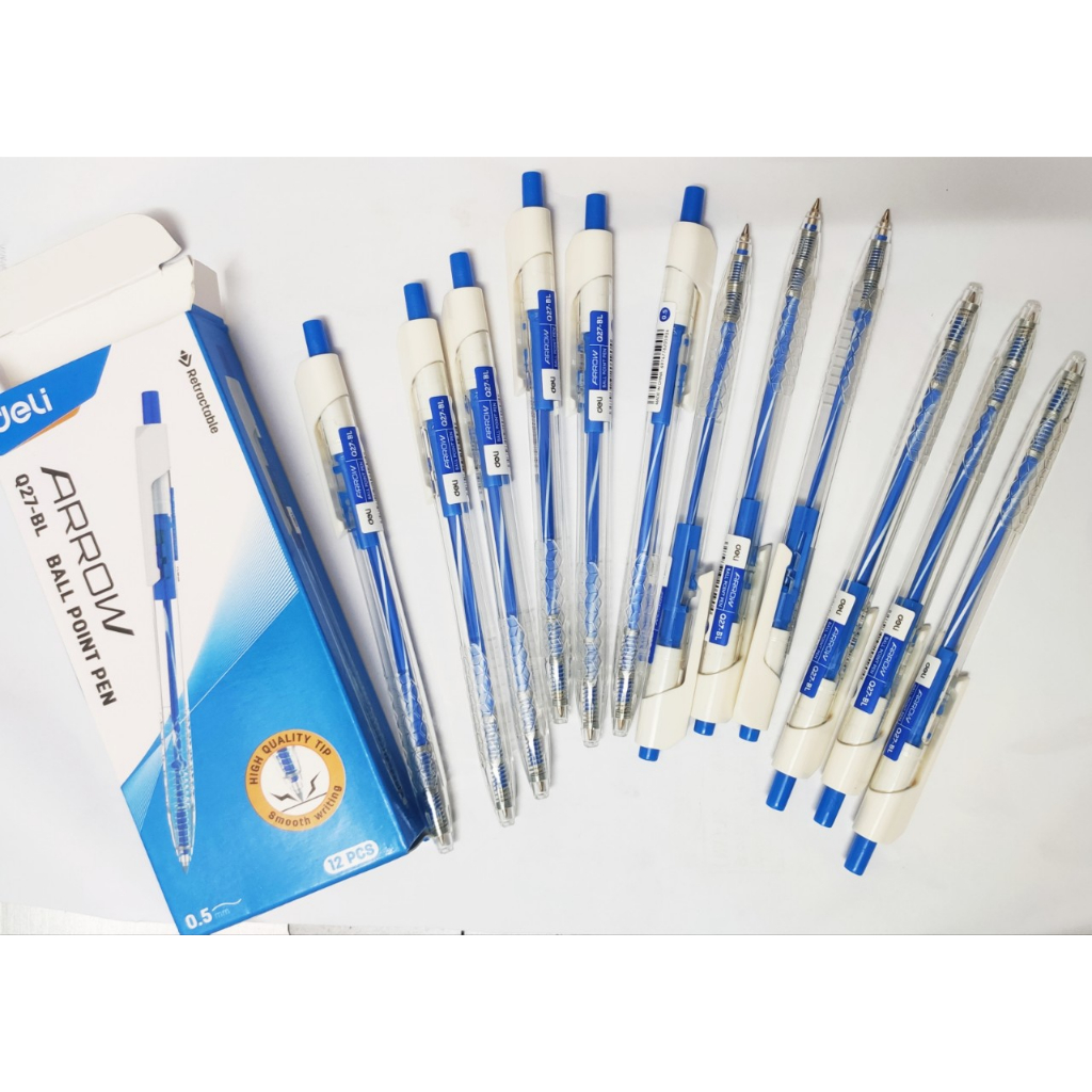 Hộp 12 Cây Bút Bi Dầu Đầu Bấm Arrow 0.5mm Deli Q27 / Q28