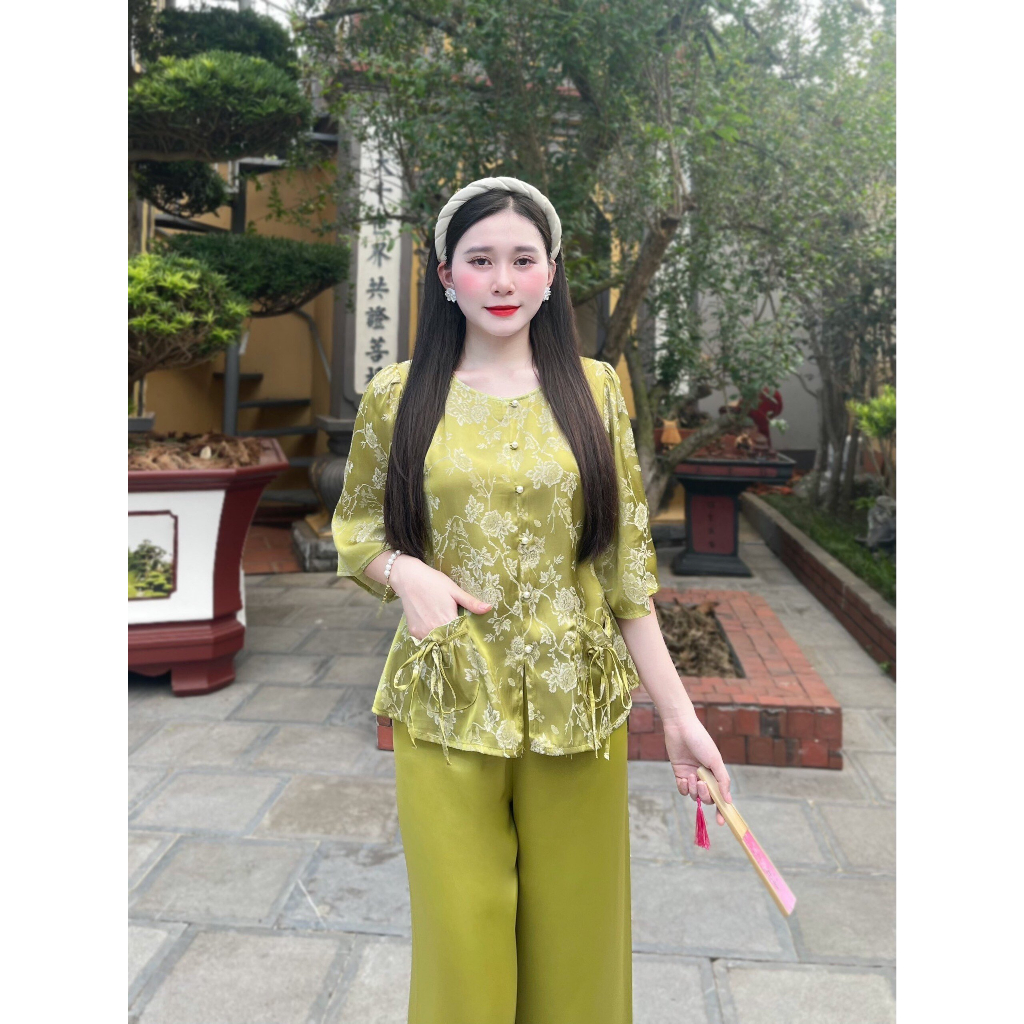 Bộ đi chùa cao cấp vải lụa gấm hàng châu phong cách trang nhã mã pl0029