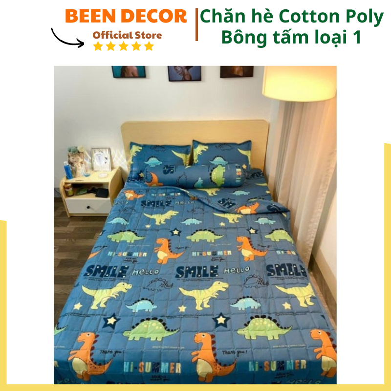 (GIÁ SỐC)🐘 Bộ 5 Món: Chăn Hè Trần Bông, Drap, 2 Vỏ Gối Đầu Và 1 Vỏ Gối Ôm Cotton Poly Đủ Size Mẫu Khủng Long Hello