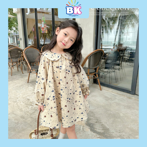 Váy bé gái dài tay cổ búp bê mùa thu 2023 . Đầm công chúa cho bé gái đầm hoa Hàn Quốc 1 2 3 4 5 6 tuổi - BKKIDS!