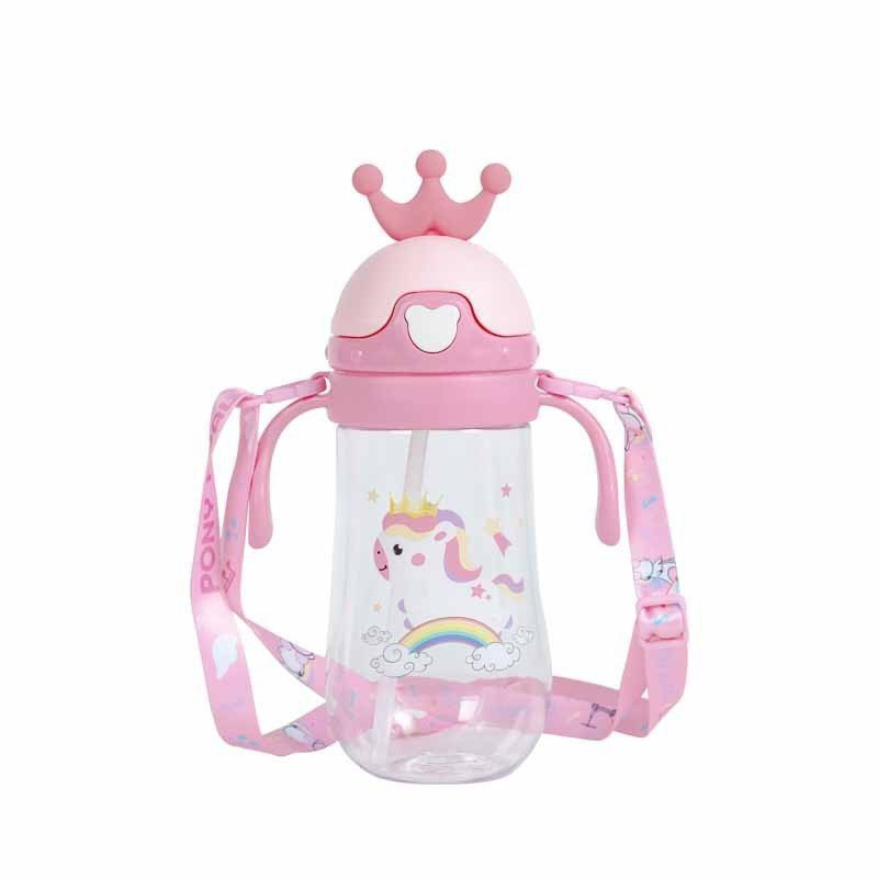 Bình nước ống hút trẻ em 450ml, bình cho bé hình sương miện dễ thương có dây đeo tiện lợi an toàn