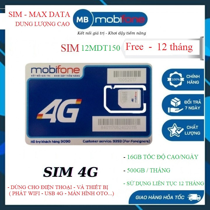 Sim 4g Mobifone 12MDT150 – 16GB/ ngày – 500GB/Tháng ( tốc độ cao ) Sủ dụng liên tục 12 tháng ( Thay thế gói 12max90 )