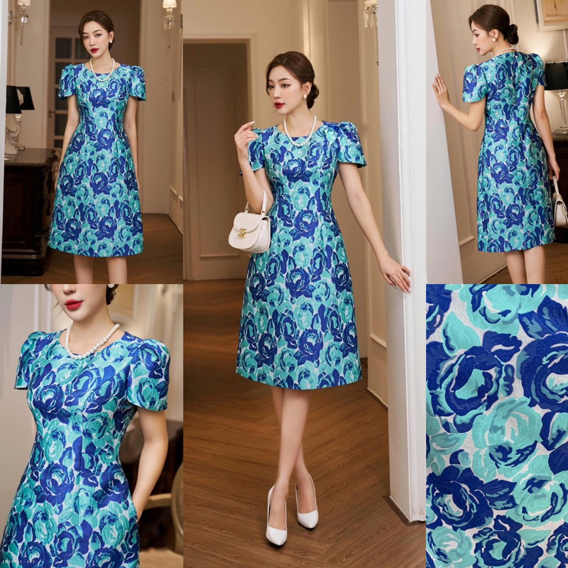 Đầm gấm dệt hoa hồng xanh xoè a tay bồng dài 103cm may 2 lớp sang chảnh