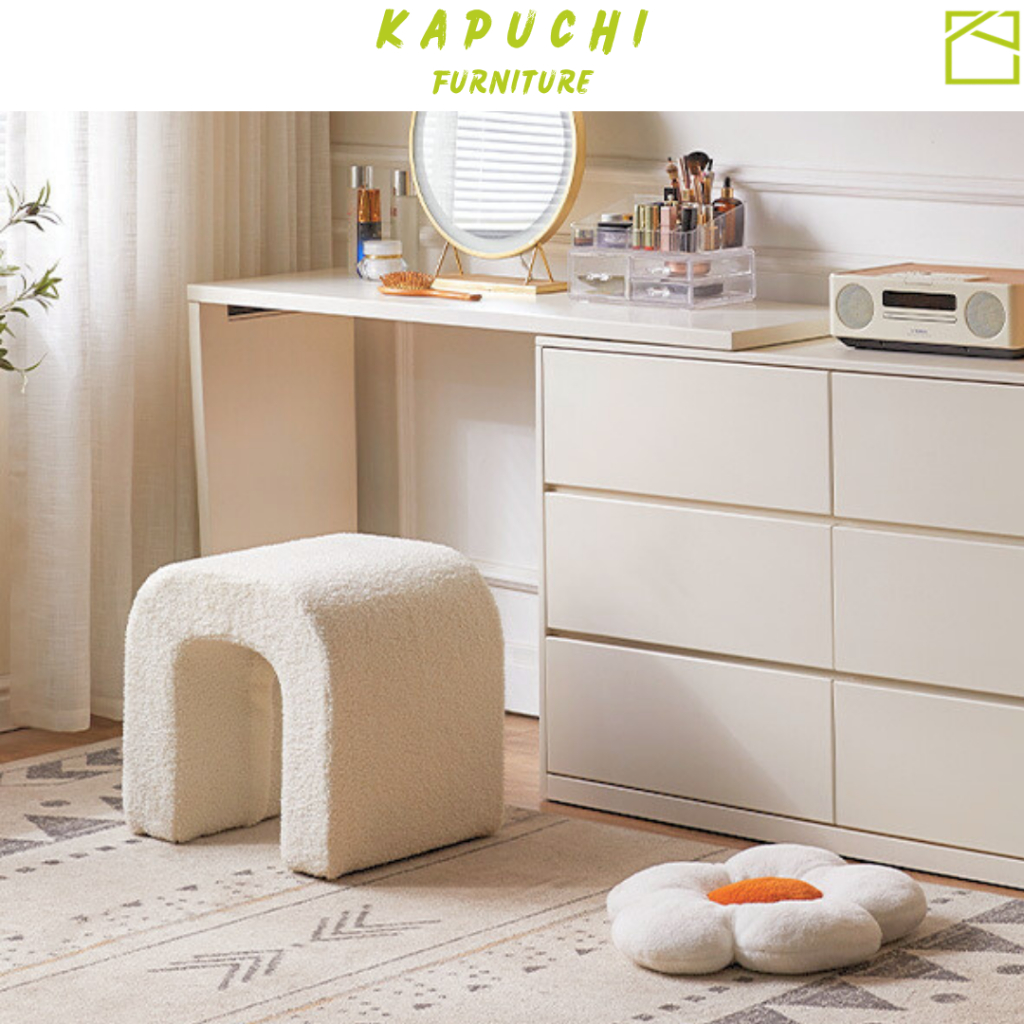 Ghế đôn lông cừu trắng/hồng xinh xắn decor Hàn Quốc ngồi bàn trang điểm sang trọng - KC21