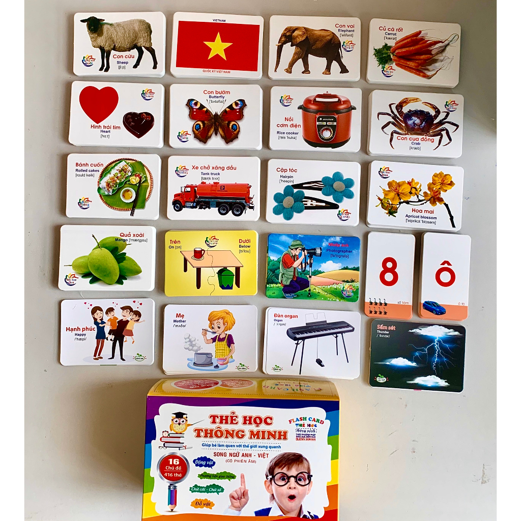 Bộ thẻ học thông minh 416 thẻ với 16 chủ đề về thế giới xung quanh cho bé (Flashcard) song ngữ Anh - Việt IQ Kao