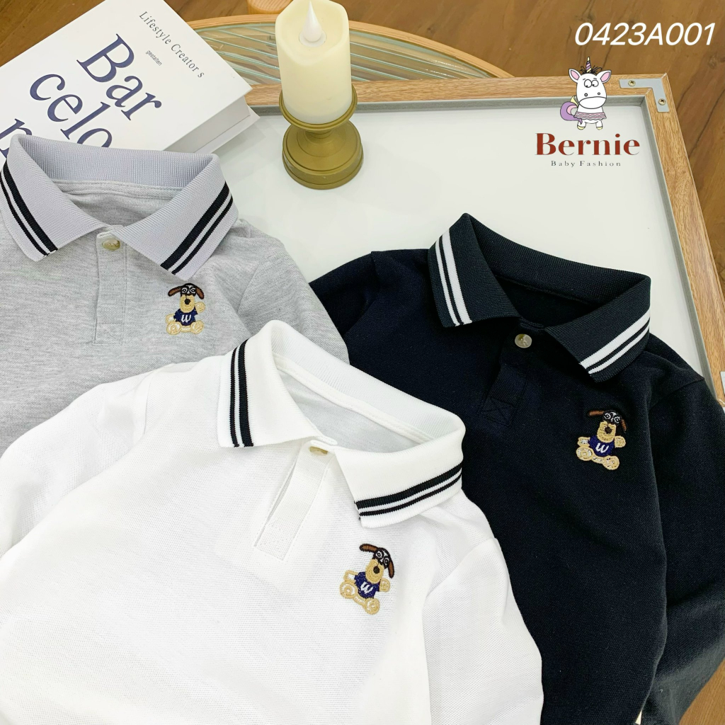 Áo polo cổ đức dài tay thêu nổi in hoạ tiết Bernie cho bé trai bé gái