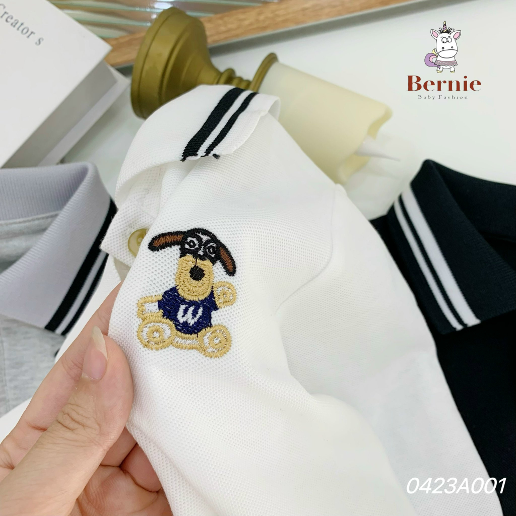 Áo polo cổ đức dài tay thêu nổi in hoạ tiết Bernie cho bé trai bé gái