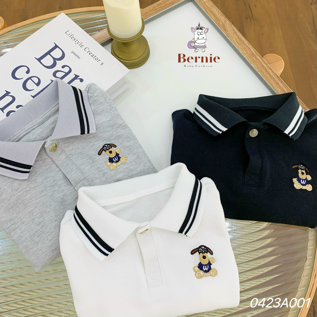 Áo polo cổ đức dài tay thêu nổi in hoạ tiết Bernie cho bé trai bé gái