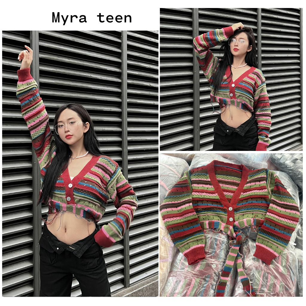 Áo khoác len croptop kẻ đỏ vintage buộc dây không bai nhõa MYRA TEEN Khoaclenbuocday8015 P11/K7