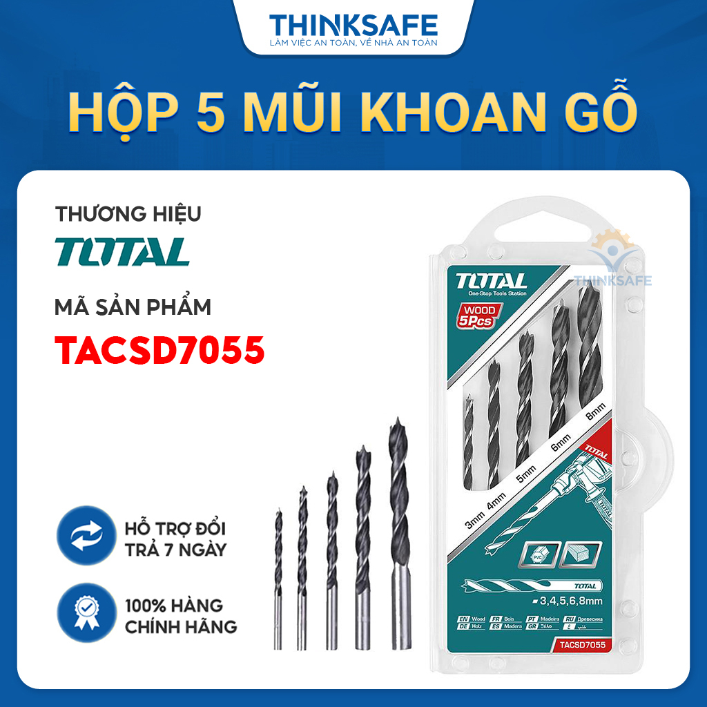 Hộp 5 mũi khoan gỗ Total TACSD7055 đa dạng kích cỡ 3X61, 4X75, 5X86, 6X93, 8X117 mũi khoan Total chính hãng - Thinksafe