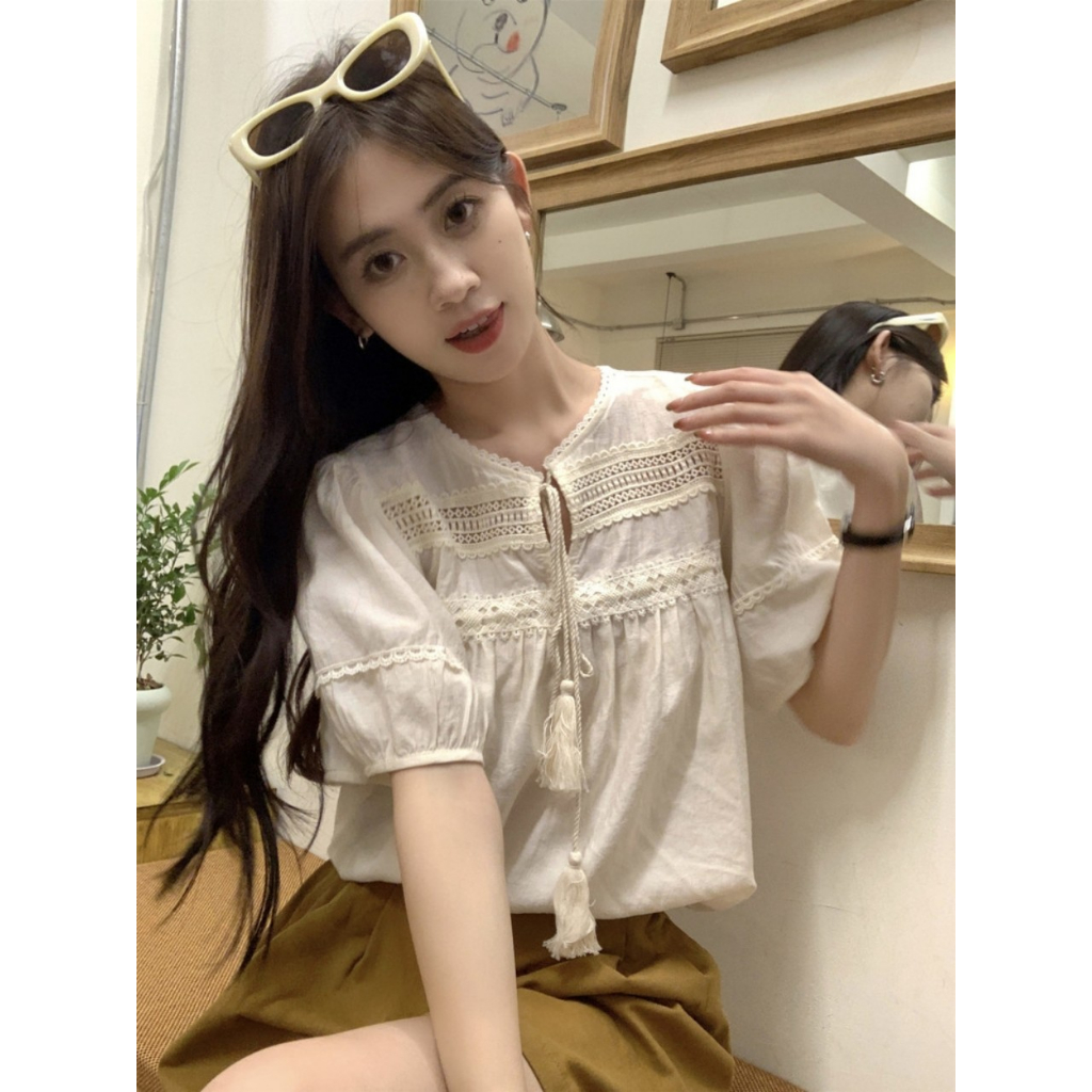 Áo Sơ Mi Ngắn Tay Thiết Kế Dây Buộc Điệu Đà Phong Cách Retro