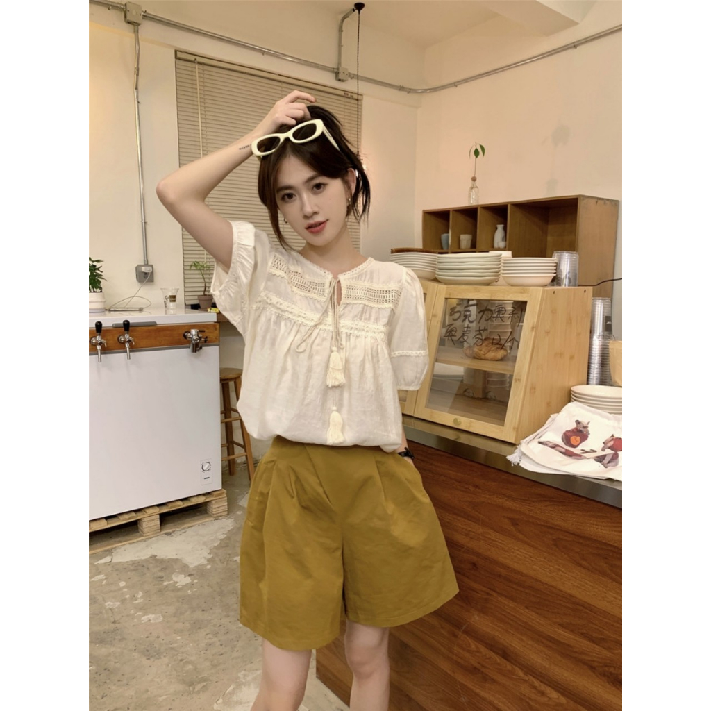 Áo Sơ Mi Ngắn Tay Thiết Kế Dây Buộc Điệu Đà Phong Cách Retro