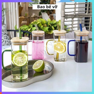Ly thủy tinh,cốc thủy tinh vuông có quai chịu nhiệt cao cấp có kèm ống hút BOROSILICATE 400ml