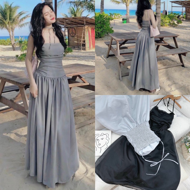 Đầm cúp ngực nhúng thun sau oganza cổ yếm dáng dài xoè