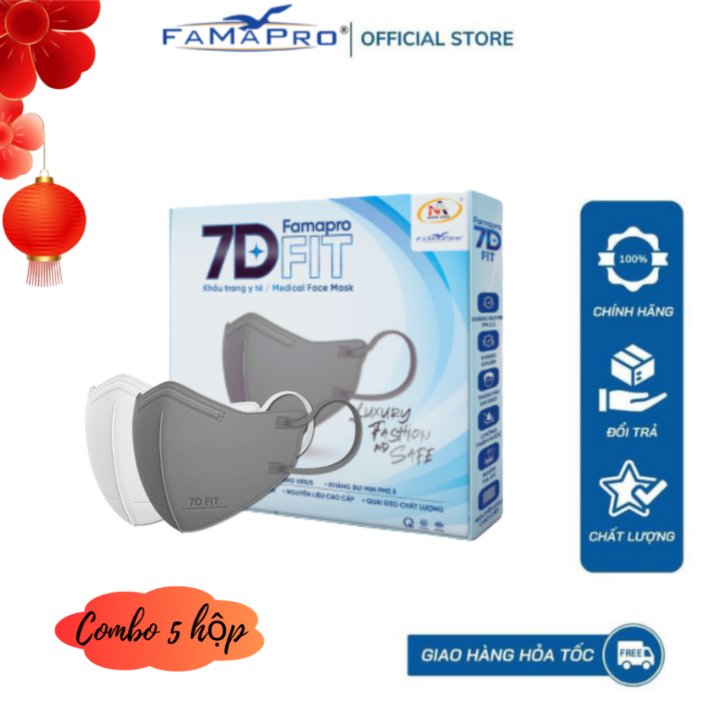 Famapro 7D FIT Combo 5 hộp Khẩu trang y tế cao cấp kháng khuẩn 5 lớp (10 cái/ hộp)