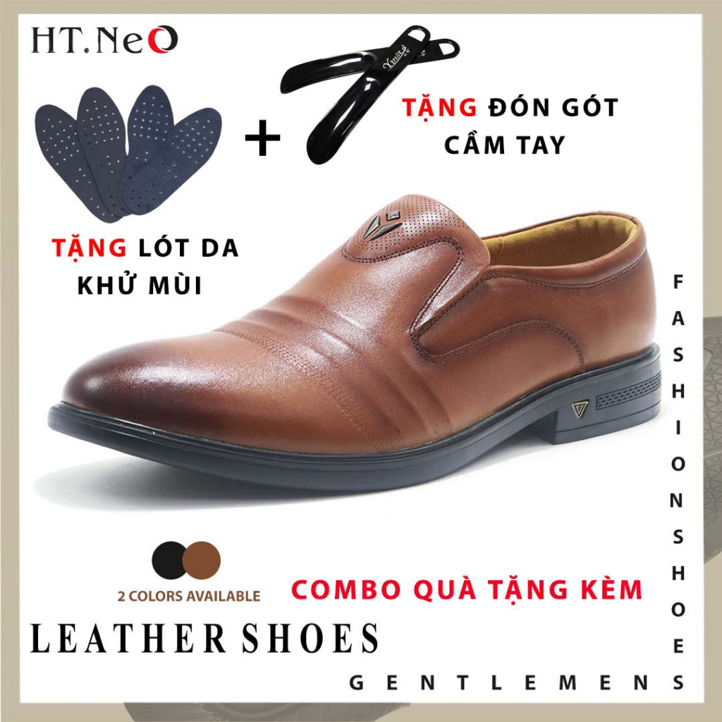 Giày tây lười nam da bò HT.NeO , Giày công sở nam mũi tròn da dập vân lượn phong cách lịch lãm sang trọng GTN8968