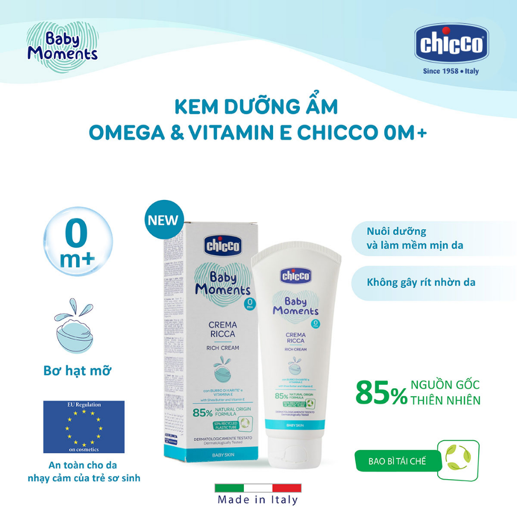 (25/10 - MUA 2 GIẢM 8%) (Bán chạy nhất) (Phiên bản mới) Kem dưỡng ẩm chứa Omega và Vitamin E Chicco 0M+ 100ml