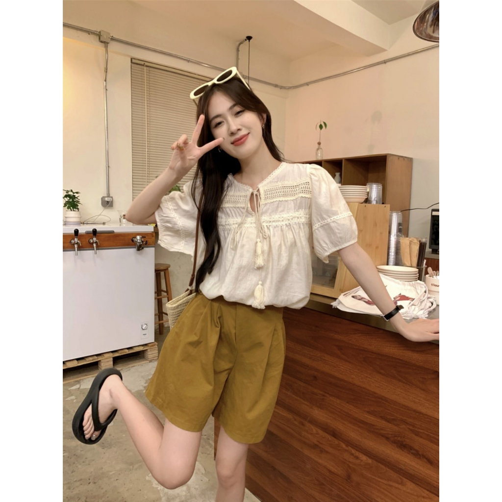 Áo Sơ Mi Ngắn Tay Thiết Kế Dây Buộc Điệu Đà Phong Cách Retro