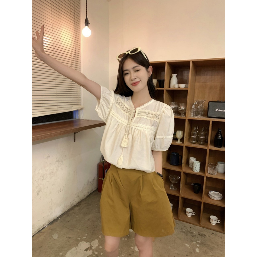 Áo Sơ Mi Ngắn Tay Thiết Kế Dây Buộc Điệu Đà Phong Cách Retro