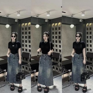 Chân váy bò ms.0325 chân váy dáng dài túi hộp chất bò mài dày dặn