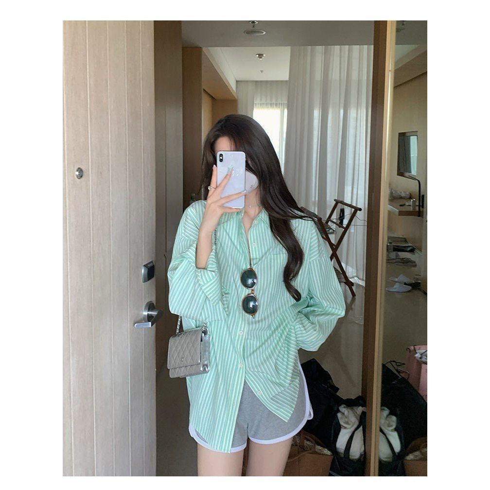Áo sơ mi dài tay xanh lá sọc kẻ unisex Áo chống nắng nam nữ form rộng hot trend phong cách Hàn Quốc bánh bèo, sexy COLLA