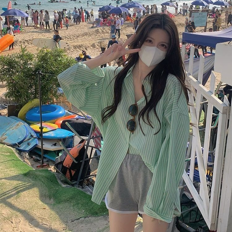 Áo sơ mi dài tay xanh lá sọc kẻ unisex Áo chống nắng nam nữ form rộng hot trend phong cách Hàn Quốc bánh bèo, sexy COLLA