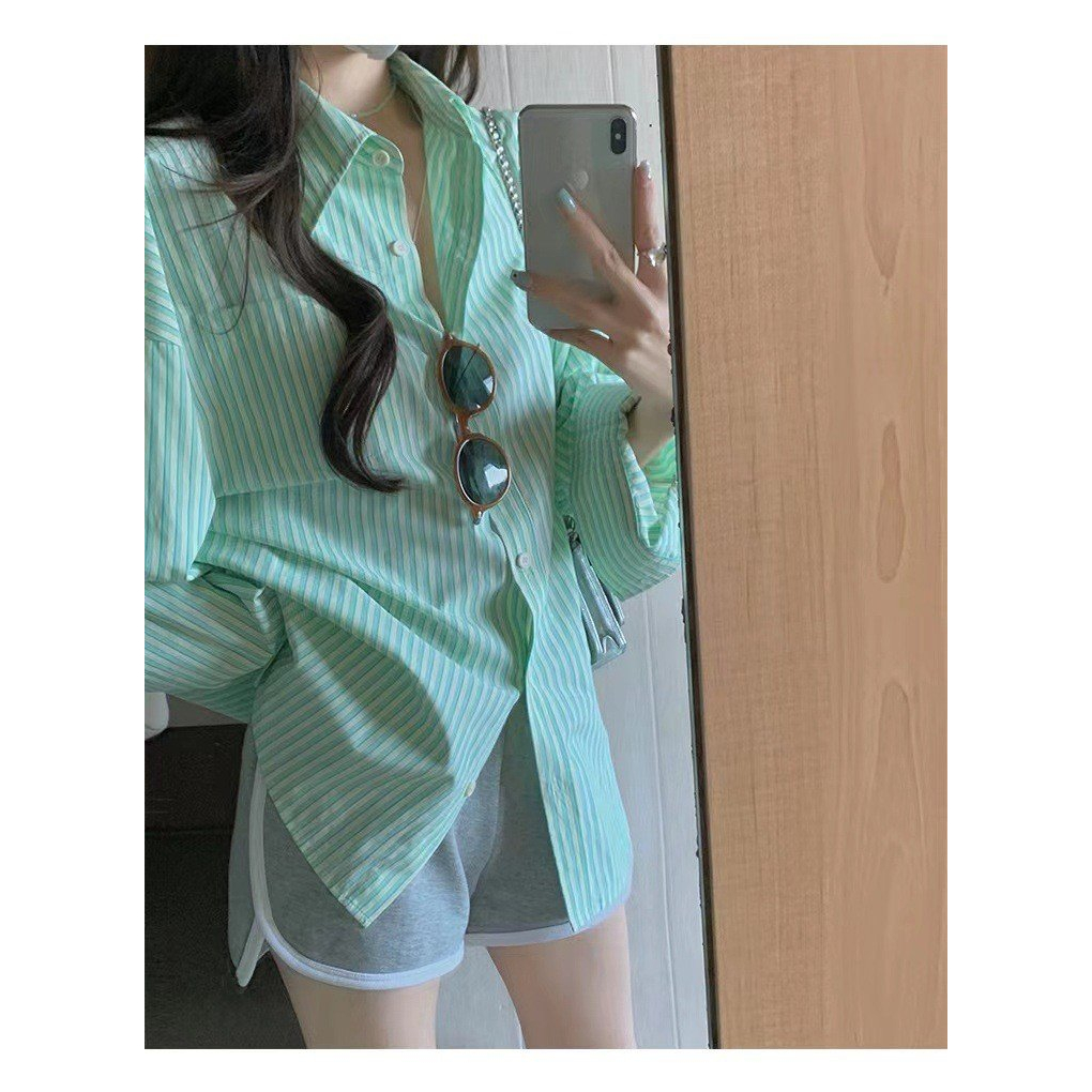 Áo sơ mi dài tay xanh lá sọc kẻ unisex Áo chống nắng nam nữ form rộng hot trend phong cách Hàn Quốc bánh bèo, sexy COLLA