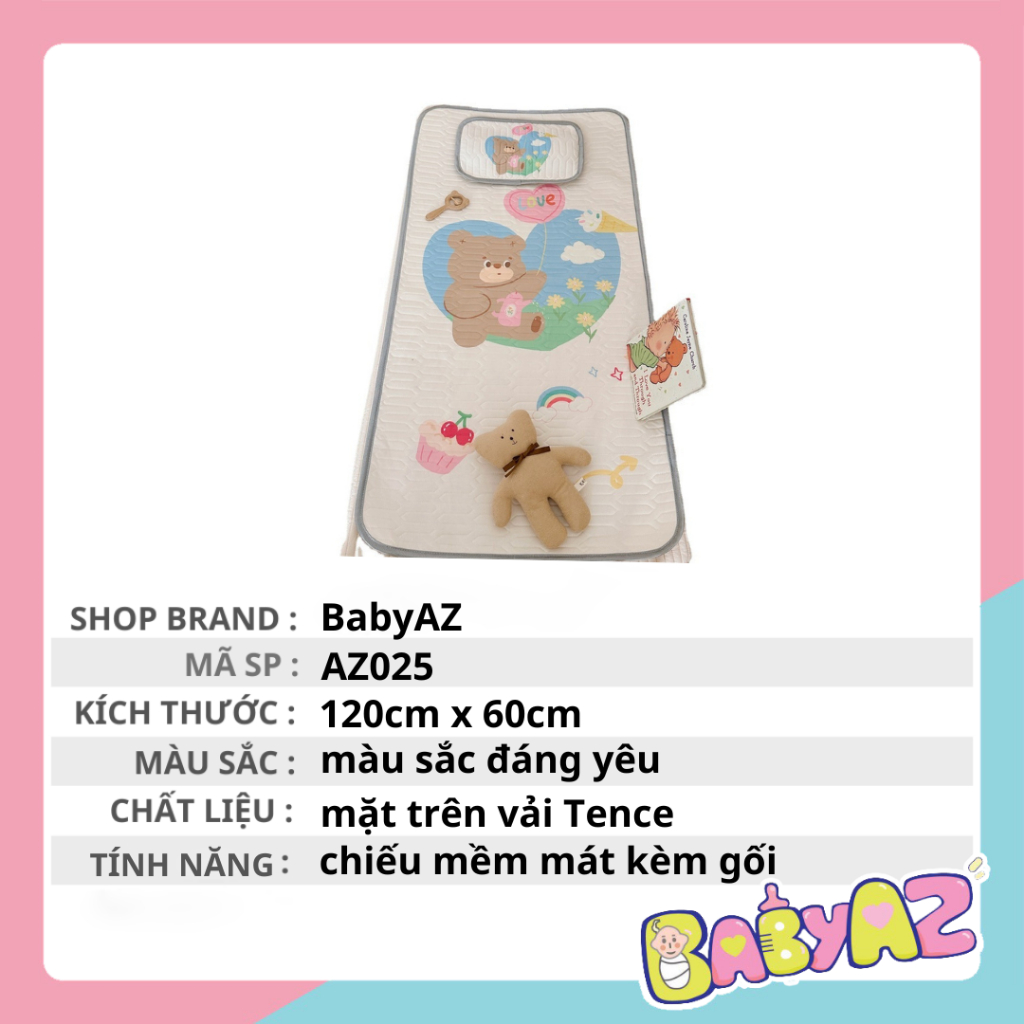 Chiếu điều hòa kèm gối cho bé, chiếu cao su non mềm mát thoáng khí hình 5D siêu đáng yêu