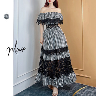 Đầm maxi caro trễ vai phối họa tiết ren sang trọng MIMIX CL3235