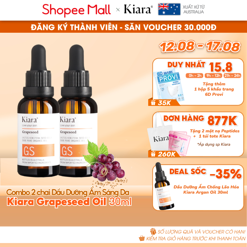 Combo 2 chai Dầu dưỡng ẩm mờ thâm mụn sáng da Kiara Grapeseed Oil 2 x 30ml