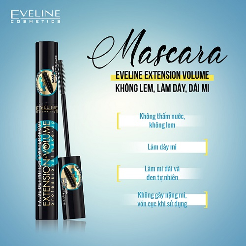 Mascara Eveline Extension Volume không lem, làm dày, dài mi 10ML