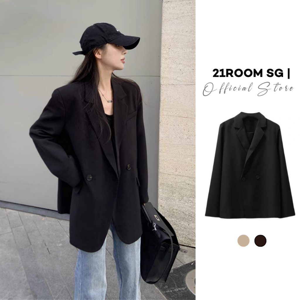 A65 Áo Khoác Blazer Nữ Tay Dài Công Sở 21ROOM, Áo Blazer Nữ 2 Lớp Màu Đen Nâu Tây Vest Dài Tay Phong Cách Hàn Quốc