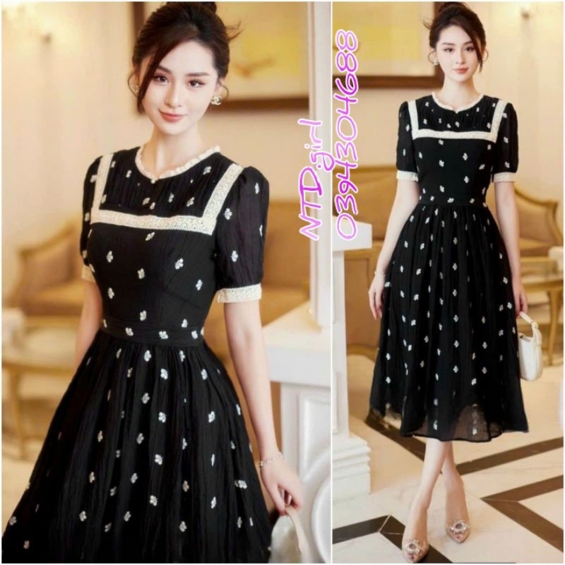 Hàng nhập - Đầm dáng xòe chấm bi cổ tròn viền trắng, váy lụa Quảng Châu tay ngắn trẻ trung