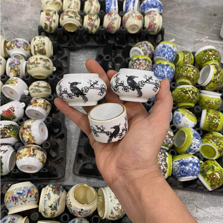 Cóng sứ chào mào hàng decal gắn tặng kèm tai cho các lồng chào mào