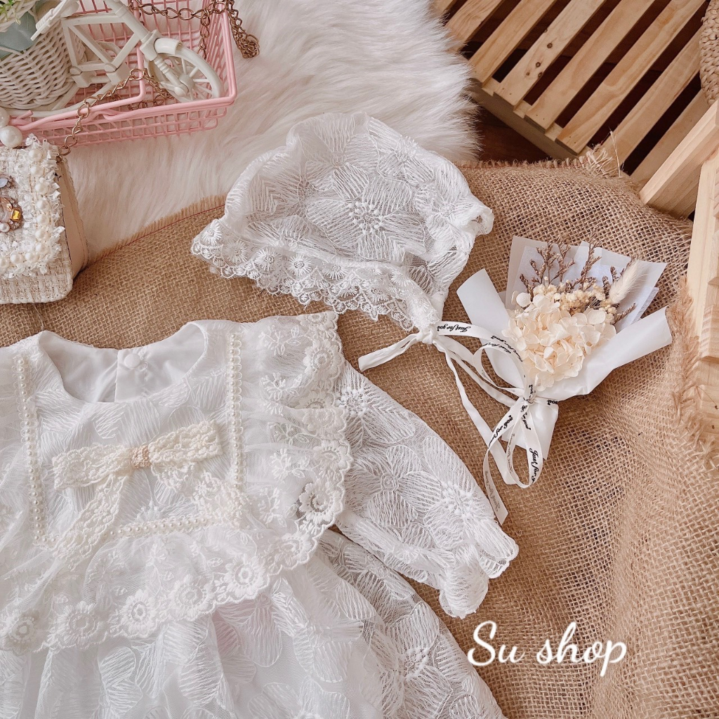 Body váy trắng tay dài bé gái dễ thương 🍓[𝐓𝐀̣̆𝐍𝐆 𝐊𝐄̀𝐌 Mũ🍓 Su Shop- body thiết kế sinh nhật thôi nôi cho bé