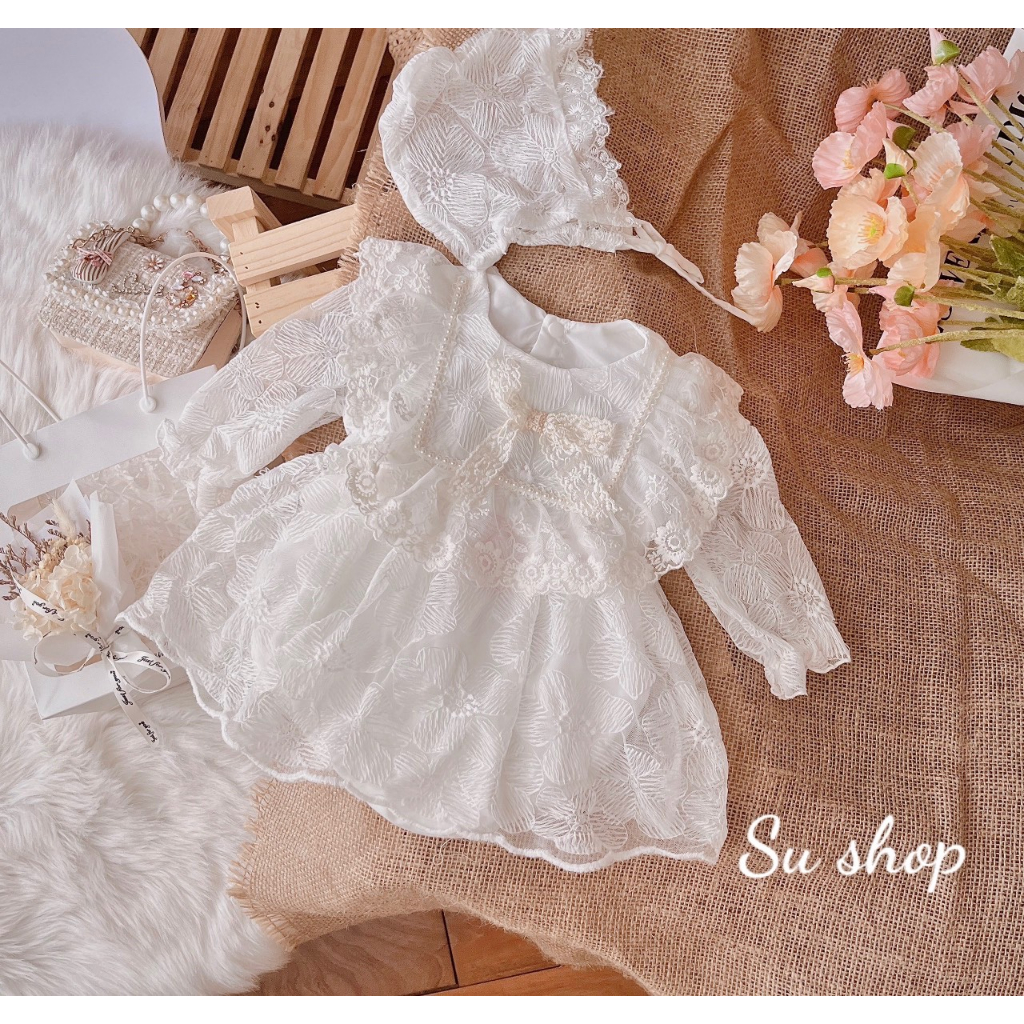 Body váy trắng tay dài bé gái dễ thương 🍓[𝐓𝐀̣̆𝐍𝐆 𝐊𝐄̀𝐌 Mũ🍓 Su Shop- body thiết kế sinh nhật thôi nôi cho bé