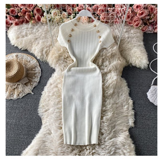 3 màu -Hàng quảng Châu - Taobao [ORDER ] Đầm body cao cấp len gân mỏng mùa hè phối nút vàng kim 2 vai ZM MS5