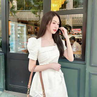 Đầm dự tiệc dáng xòe tay bồng xếp ly ngực