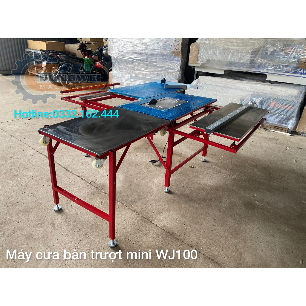 Máy cưa bàn trượt mini 2 lưỡi WJ 290, gập gọn linh hoạt thuận tiện mang đi công trình gồm máy và và bàn
