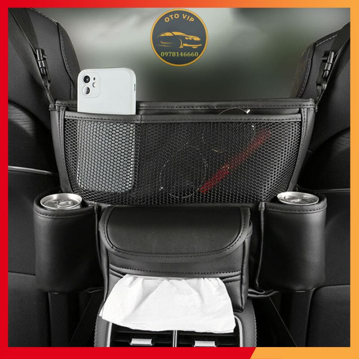 Túi đựng đồ đa năng treo giữa 2 ghế xe hơi chất liệu da cao cấp đựng giấy ăn, nước uống, vật dụng siêu tiện lợi