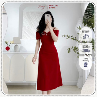 STORY Đầm An Yên váy dài đỏ nhung trễ vai thanh lịch Story.clothes thời trang nữ (TẶNG NƠ CÀI)