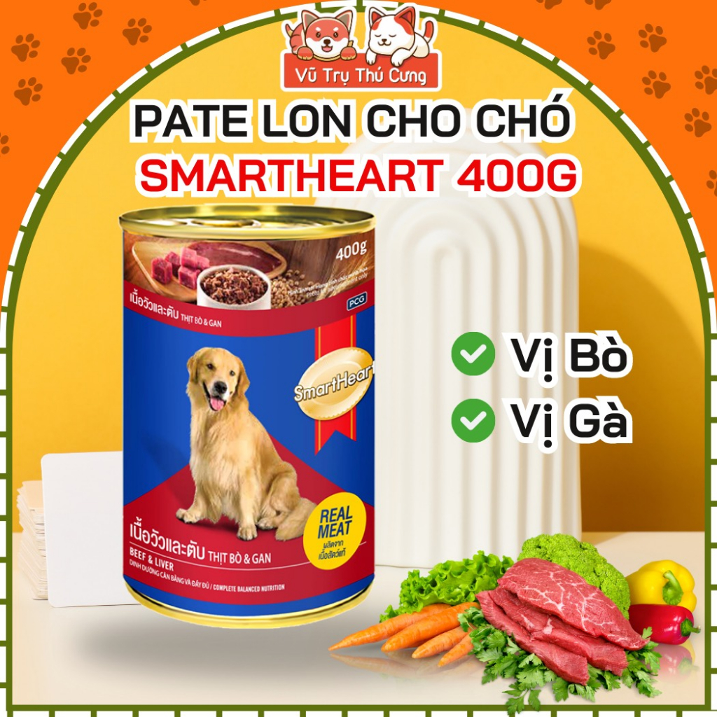 Pate Smartheart Cho Chó lon 400g nhiều dinh dưỡng, Thức ăn ướt cho chó vị Bò, Gà