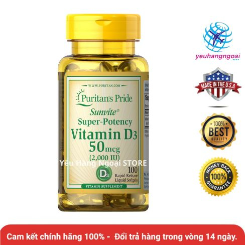 Vitamin D3 50mcg 2000IU Puritan’s Pride của Mỹ 100 viên.