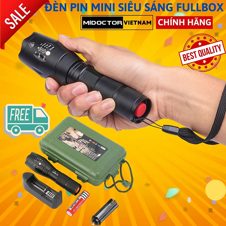 [Chính hãng] Đèn pin mini siêu sáng hộp nhựa, cầm tay cao cấp hợp kim chống nước pin có thể sạc lại Full box miDoctor